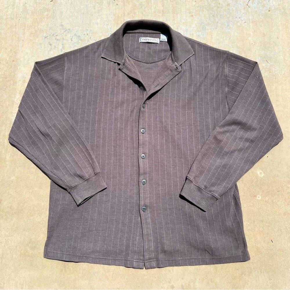 Y2k Mens ribbed knit button up collared shirt top dark grey cardigan brown baggy